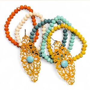 Multi-colored Glass Bead Bracelet Set & Coordinating Yellow/Turquoise Earrings